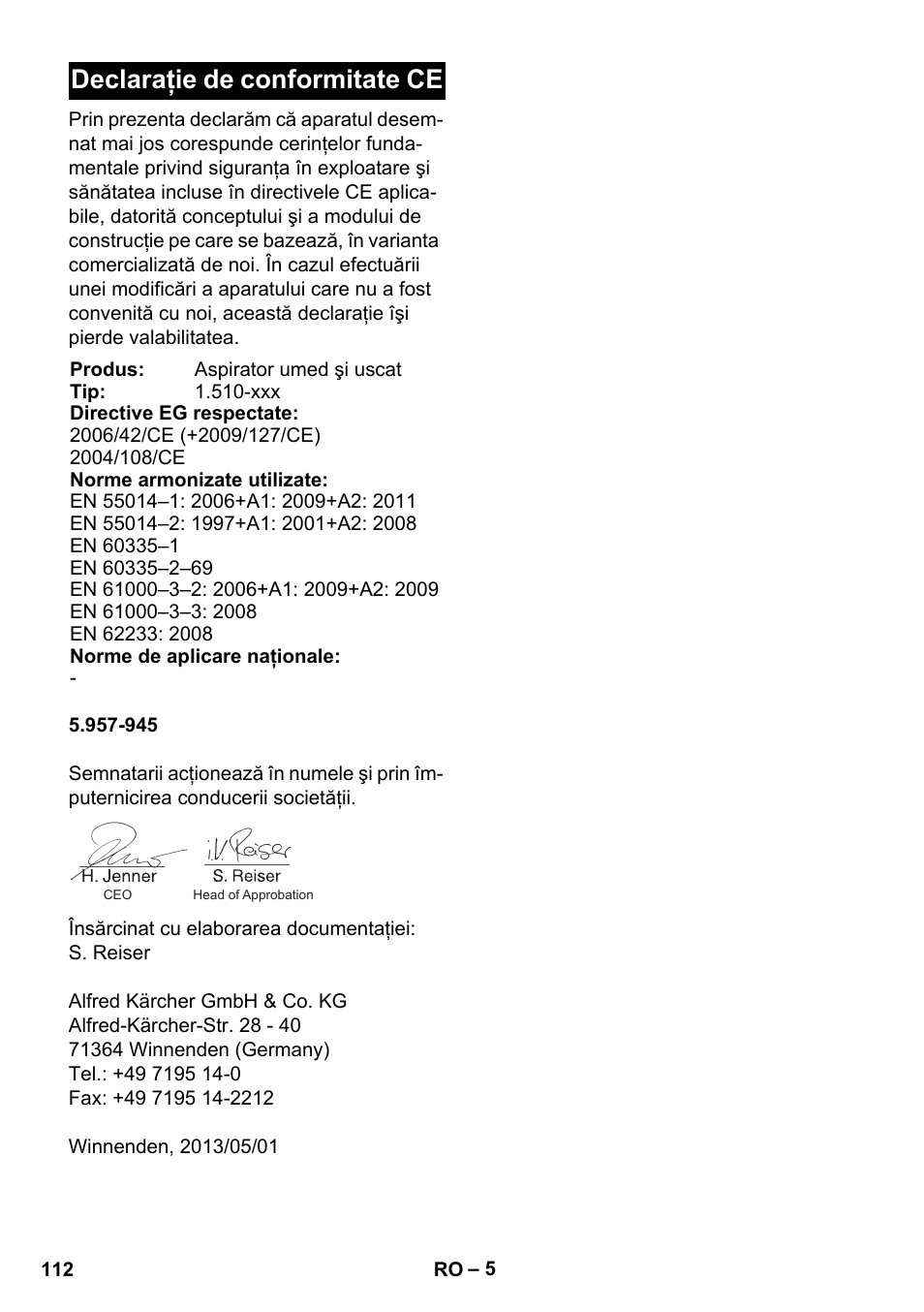 Declaraţie de conformitate ce | Karcher NT 14-1 Ap User Manual | Page 112 / 168