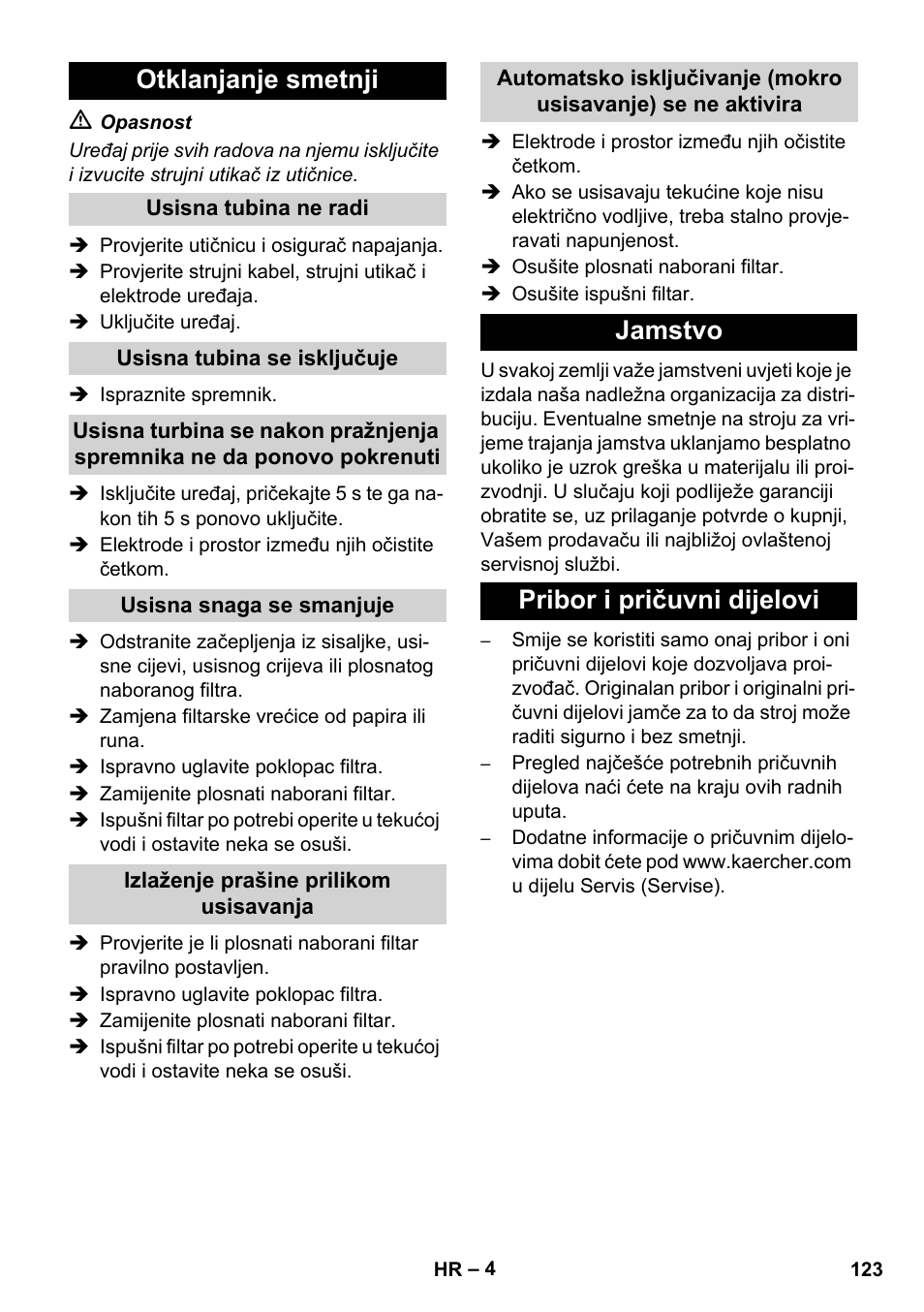 Otklanjanje smetnji, Jamstvo pribor i pričuvni dijelovi | Karcher NT 14-1 Ap User Manual | Page 123 / 168