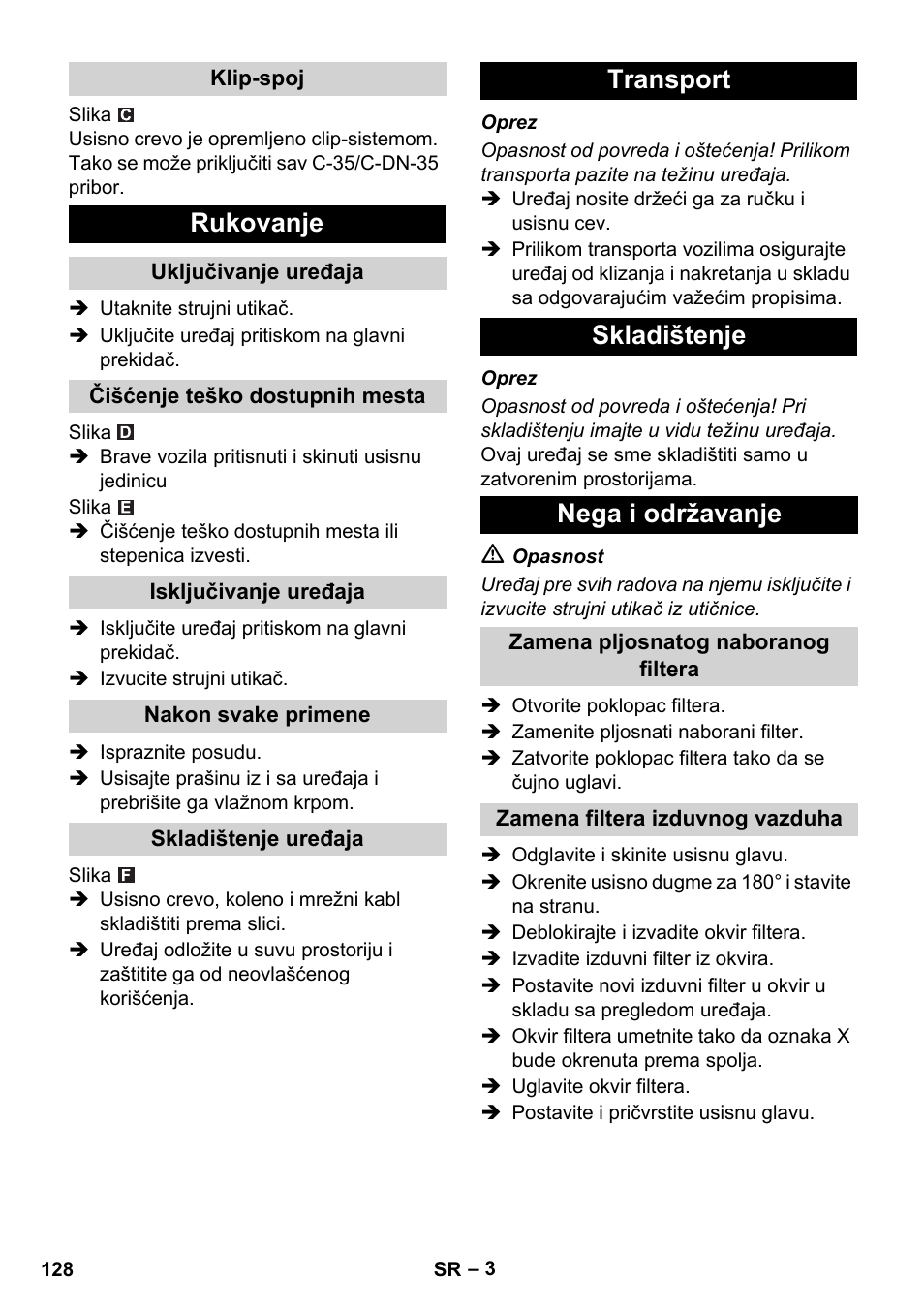 Rukovanje, Transport skladištenje nega i održavanje | Karcher NT 14-1 Ap User Manual | Page 128 / 168