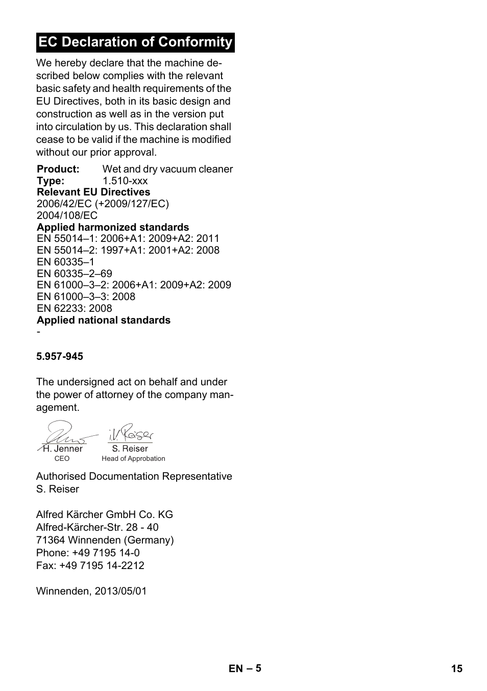 Ec declaration of conformity | Karcher NT 14-1 Ap User Manual | Page 15 / 168