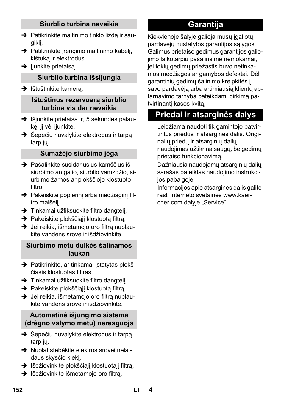 Garantija priedai ir atsarginės dalys | Karcher NT 14-1 Ap User Manual | Page 152 / 168