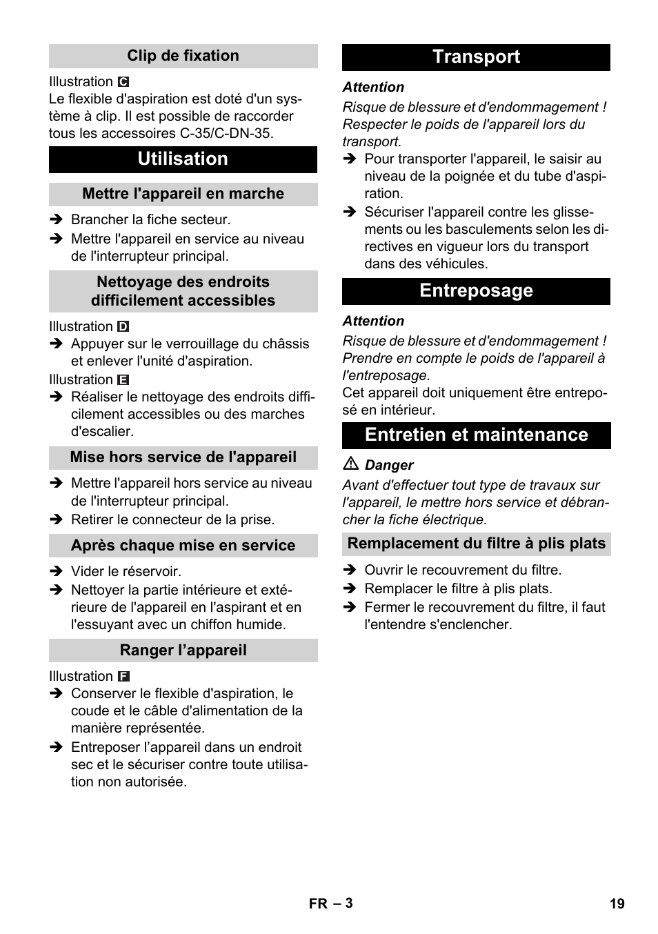 Utilisation, Transport entreposage entretien et maintenance | Karcher NT 14-1 Ap User Manual | Page 19 / 168