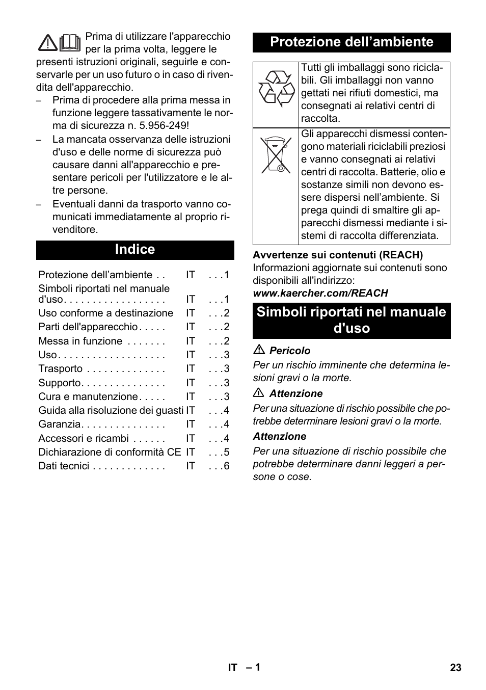 Italiano, Indice, Protezione dell’ambiente | Simboli riportati nel manuale d'uso | Karcher NT 14-1 Ap User Manual | Page 23 / 168