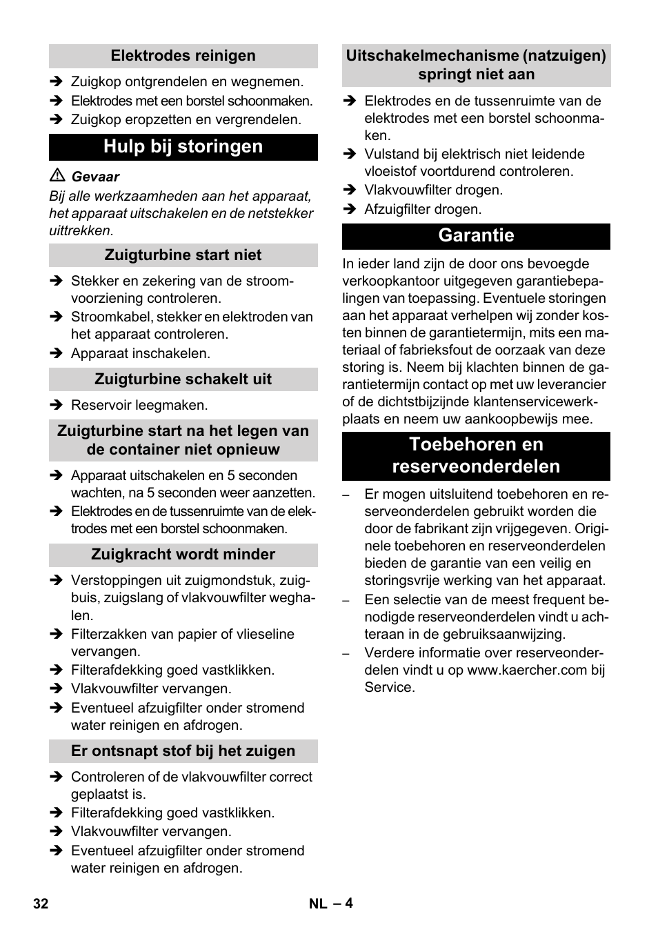 Hulp bij storingen, Garantie toebehoren en reserveonderdelen | Karcher NT 14-1 Ap User Manual | Page 32 / 168