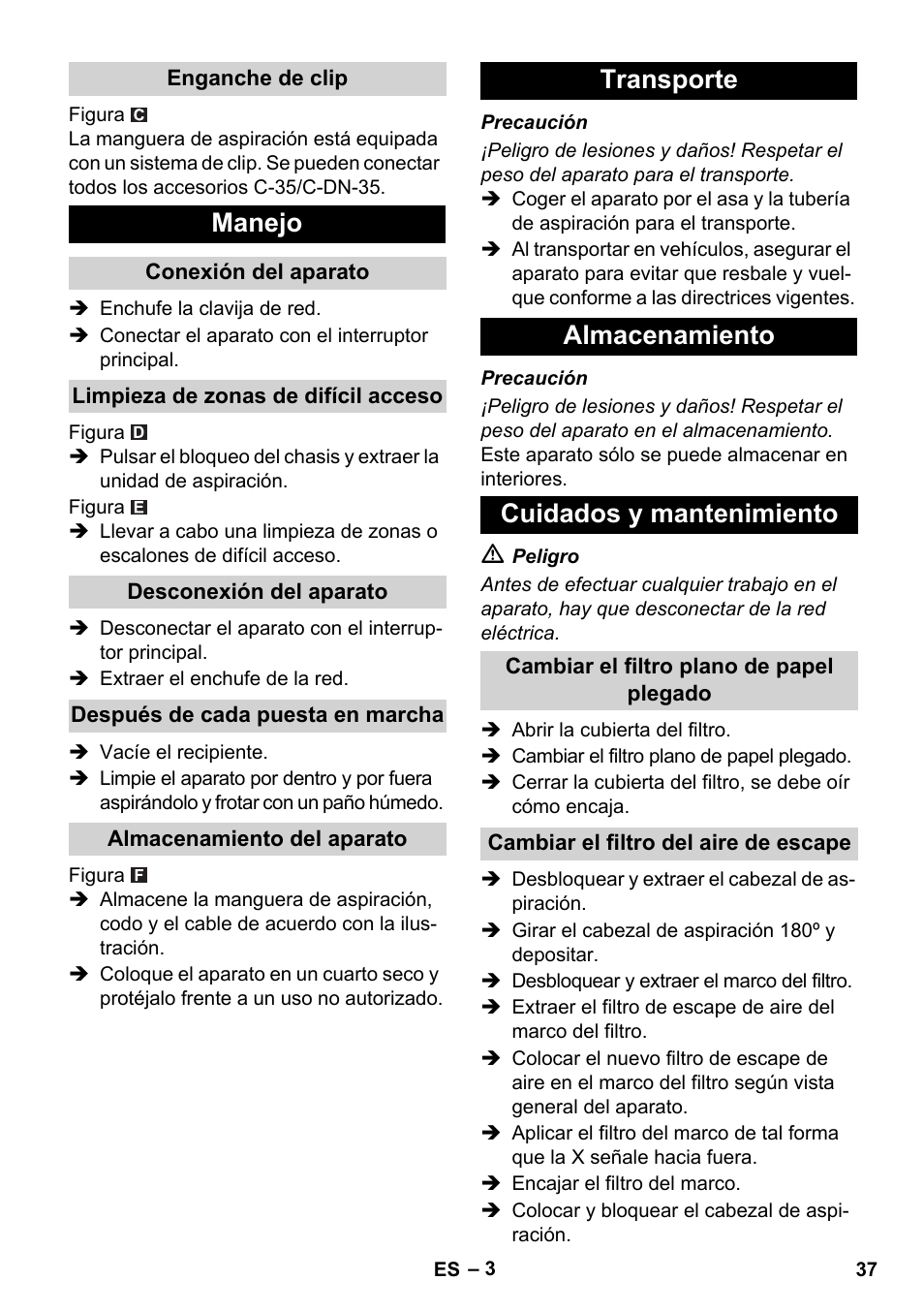 Manejo, Transporte almacenamiento cuidados y mantenimiento | Karcher NT 14-1 Ap User Manual | Page 37 / 168