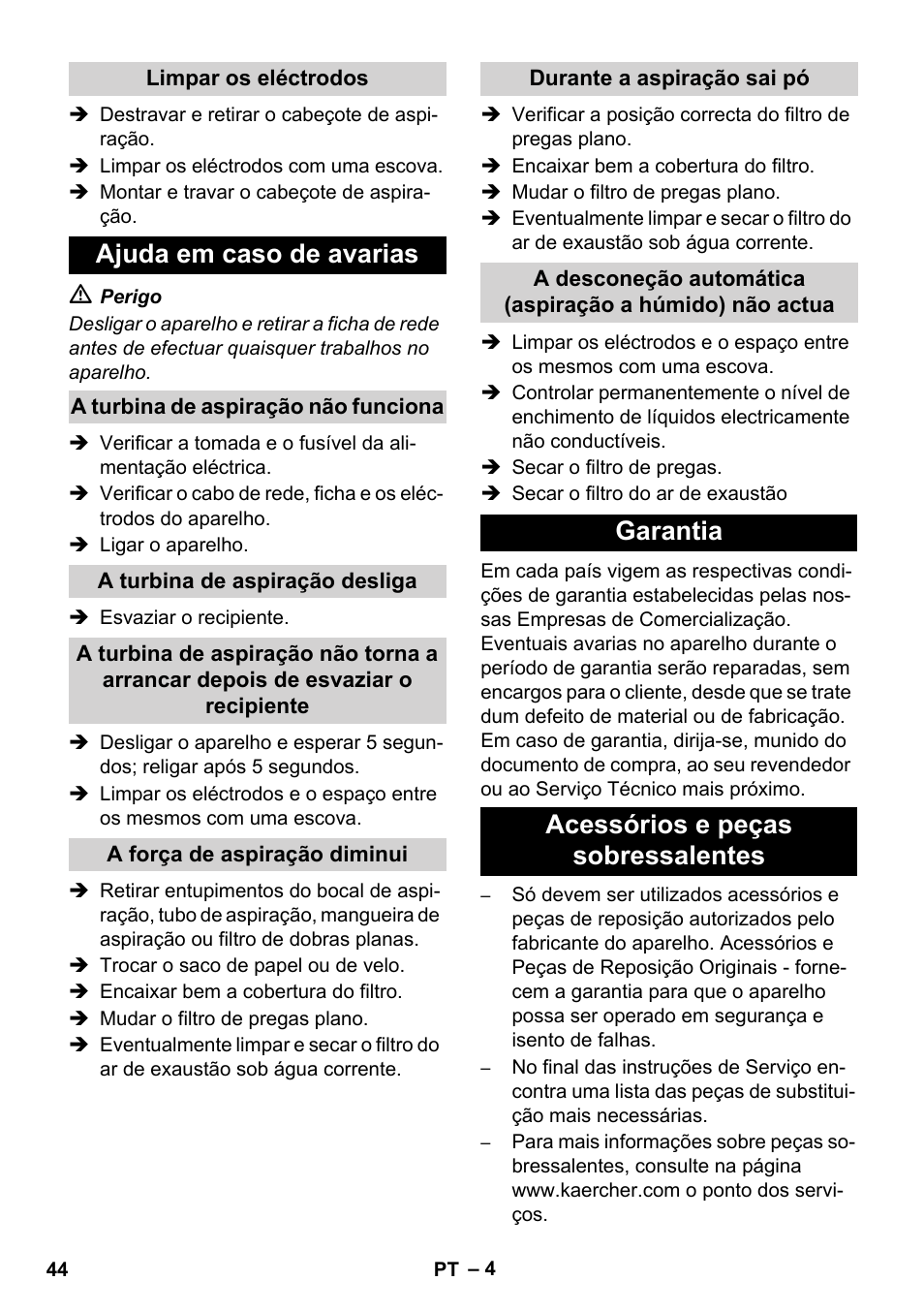 Ajuda em caso de avarias, Garantia acessórios e peças sobressalentes | Karcher NT 14-1 Ap User Manual | Page 44 / 168