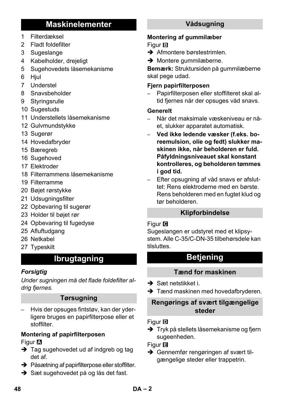 Maskinelementer ibrugtagning, Betjening | Karcher NT 14-1 Ap User Manual | Page 48 / 168