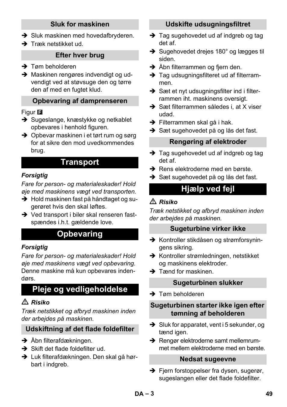 Transport opbevaring pleje og vedligeholdelse, Hjælp ved fejl | Karcher NT 14-1 Ap User Manual | Page 49 / 168