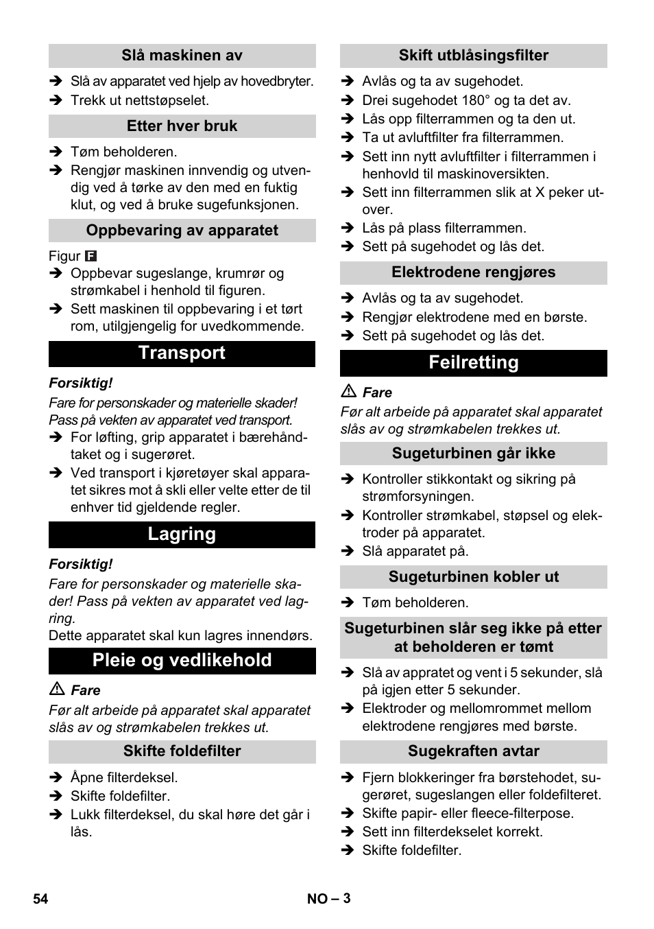 Transport lagring pleie og vedlikehold, Feilretting | Karcher NT 14-1 Ap User Manual | Page 54 / 168