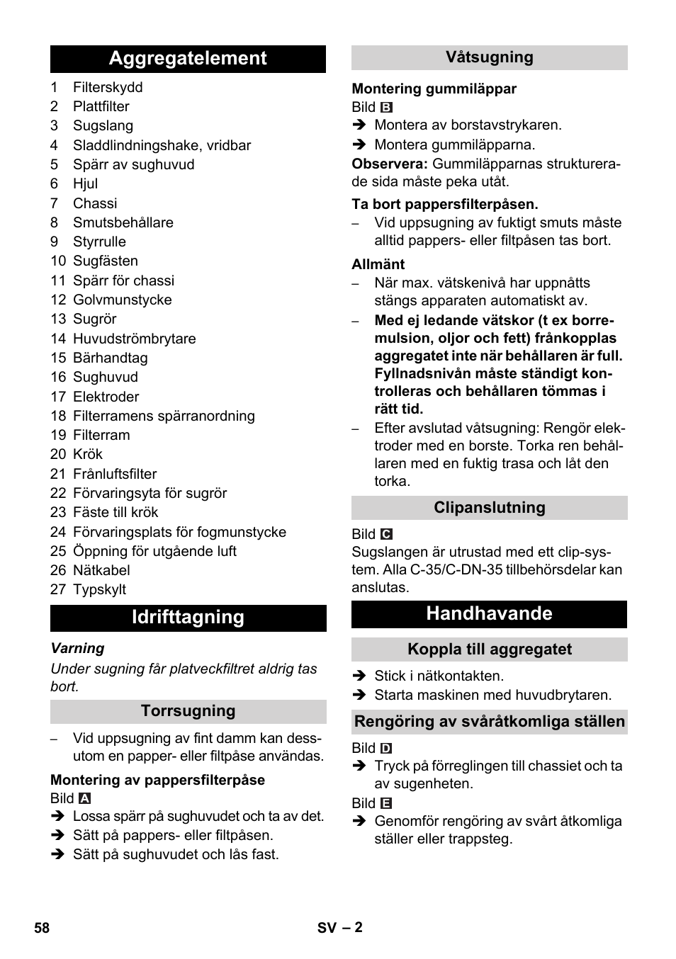 Aggregatelement idrifttagning, Handhavande | Karcher NT 14-1 Ap User Manual | Page 58 / 168