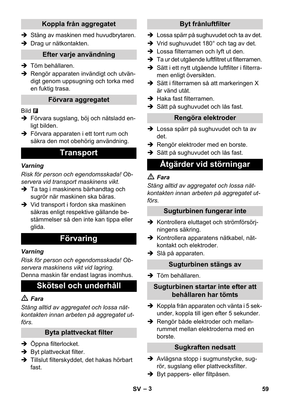 Transport förvaring skötsel och underhåll, Åtgärder vid störningar | Karcher NT 14-1 Ap User Manual | Page 59 / 168