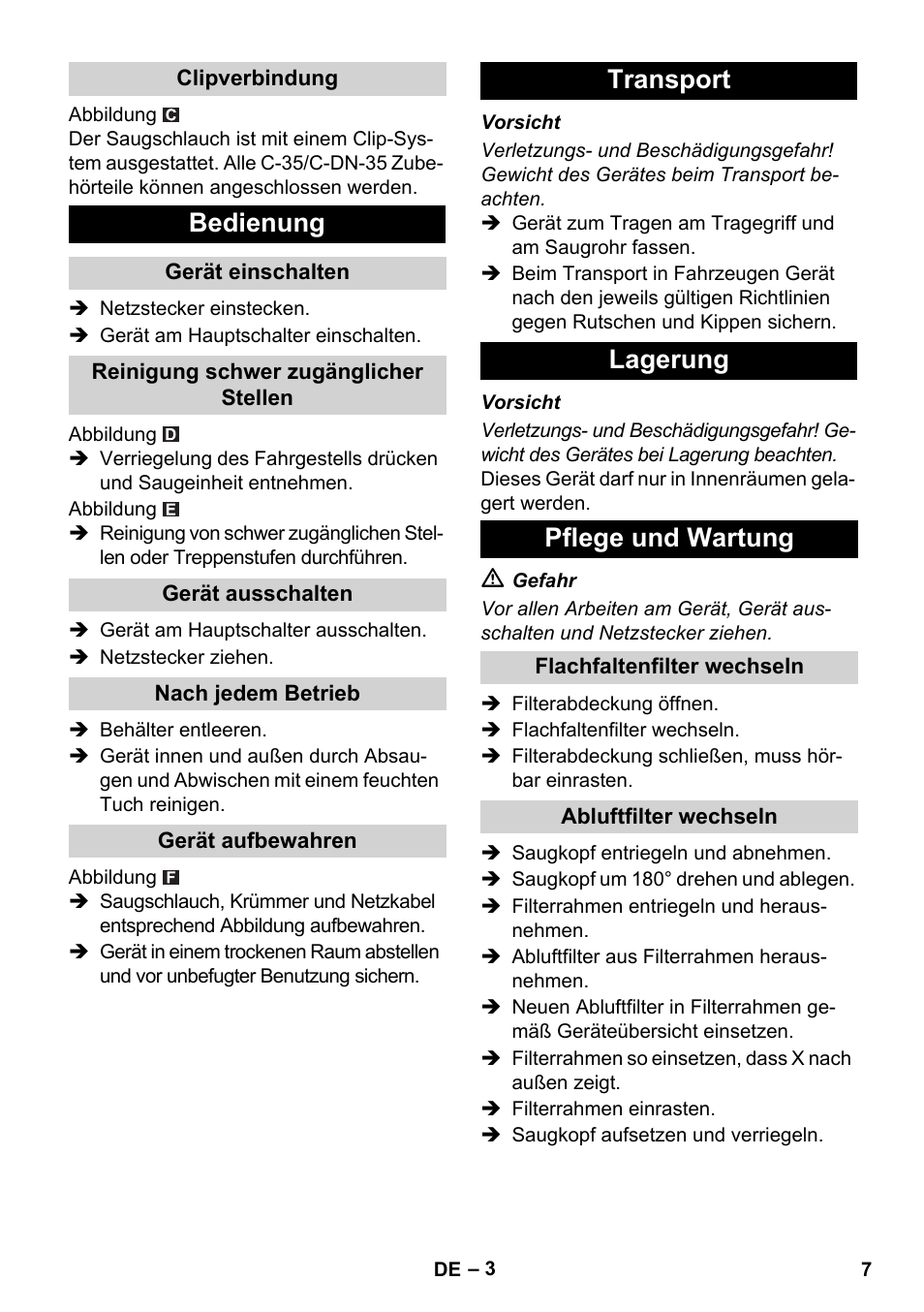 Bedienung, Transport lagerung pflege und wartung | Karcher NT 14-1 Ap User Manual | Page 7 / 168