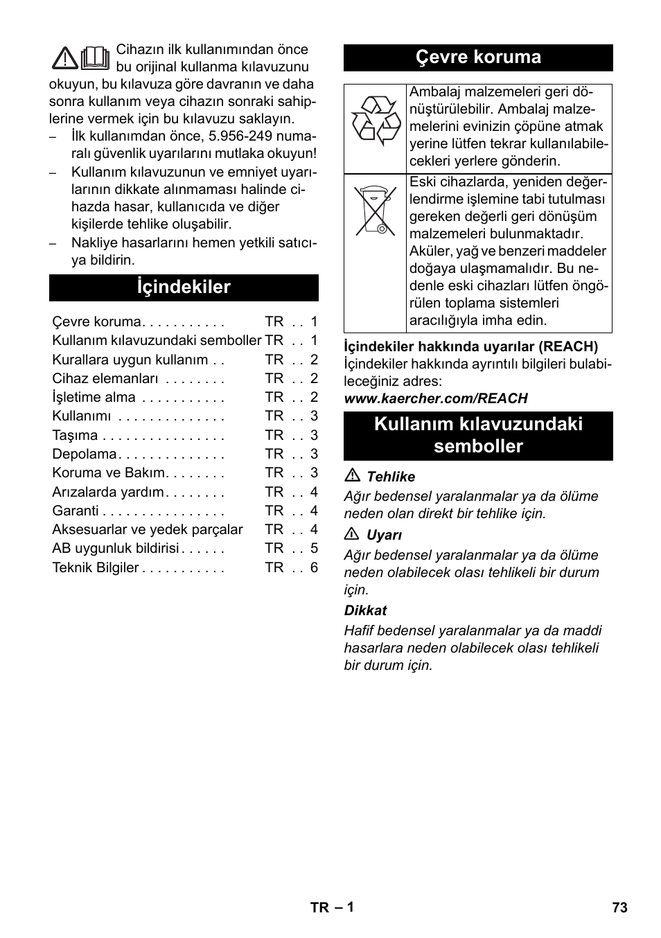 Türkçe, Içindekiler, Çevre koruma | Kullanım kılavuzundaki semboller | Karcher NT 14-1 Ap User Manual | Page 73 / 168