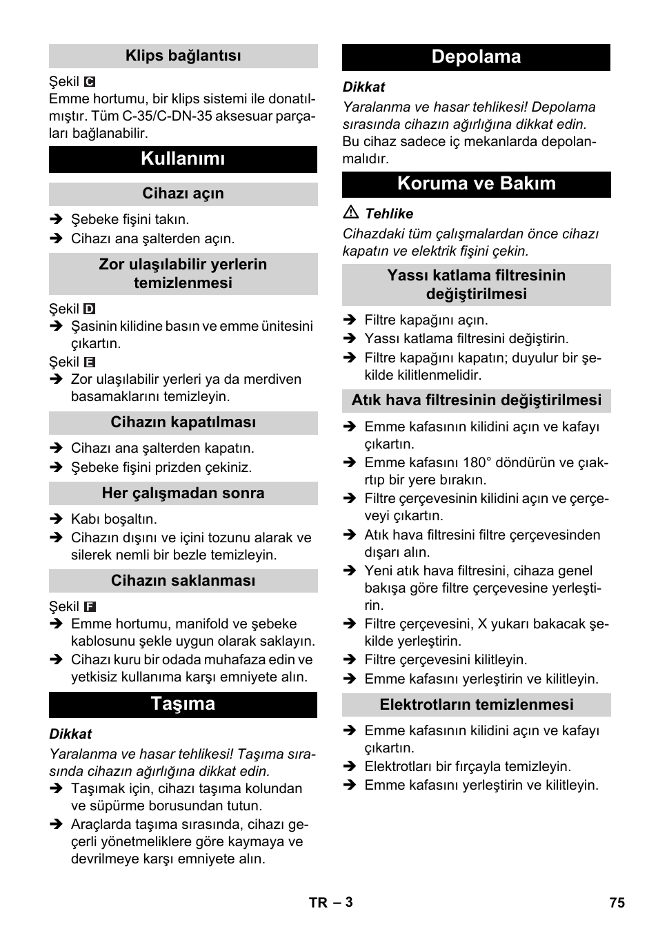 Kullanımı, Taşıma depolama koruma ve bakım | Karcher NT 14-1 Ap User Manual | Page 75 / 168