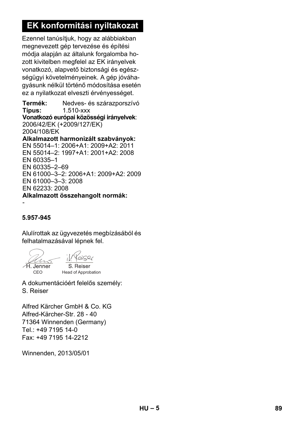 Ek konformitási nyiltakozat | Karcher NT 14-1 Ap User Manual | Page 89 / 168