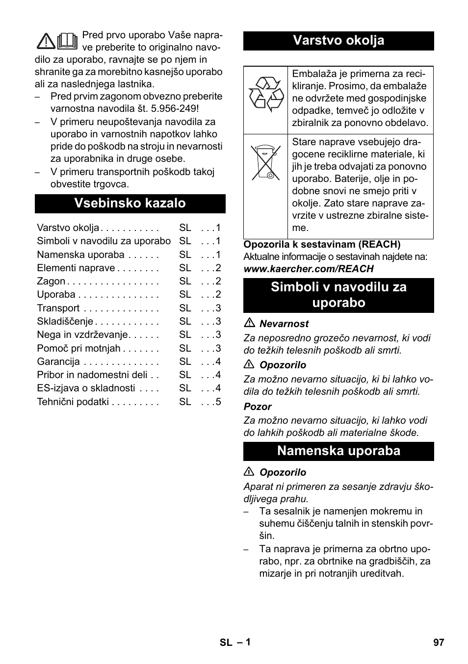 Slovenščina, Vsebinsko kazalo, Varstvo okolja | Simboli v navodilu za uporabo namenska uporaba | Karcher NT 14-1 Ap User Manual | Page 97 / 168