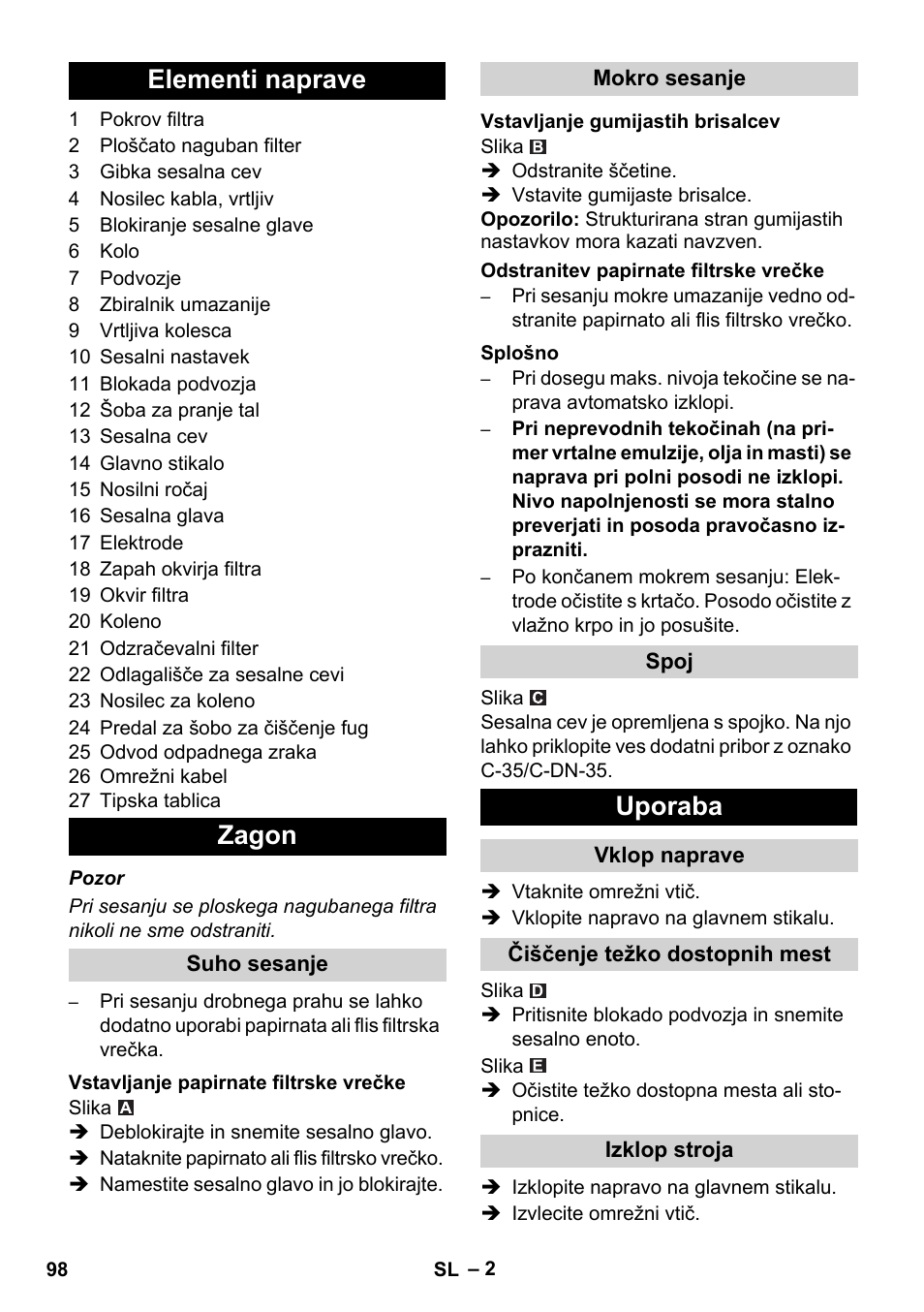 Elementi naprave zagon, Uporaba | Karcher NT 14-1 Ap User Manual | Page 98 / 168