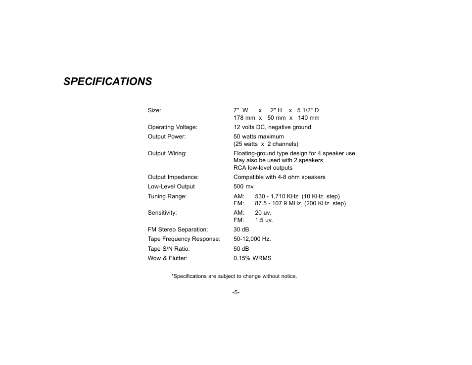 Specifications | Audiovox P-25 User Manual | Page 6 / 8