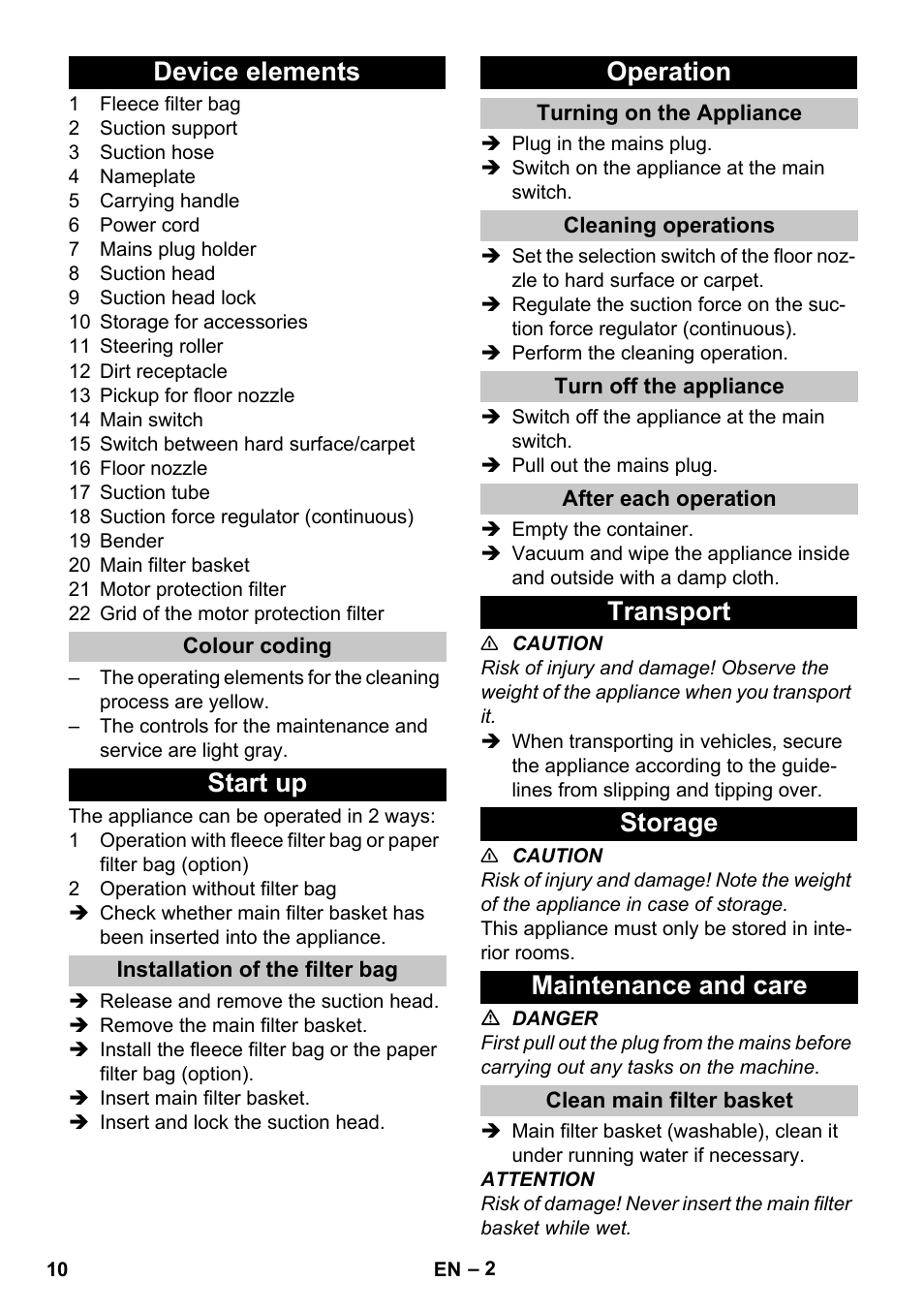 Device elements, Colour coding, Start up | Installation of the filter bag, Operation, Turning on the appliance, Cleaning operations, Turn off the appliance, After each operation, Transport | Karcher T 10-1 eco!efficiency User Manual | Page 10 / 144