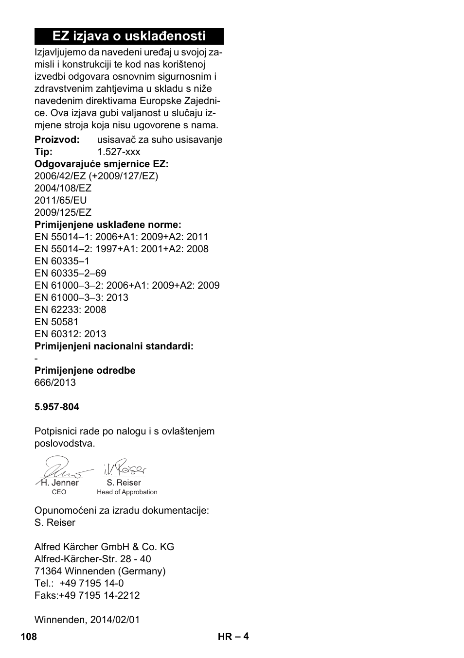 Ez izjava o usklađenosti | Karcher T 10-1 eco!efficiency User Manual | Page 108 / 144