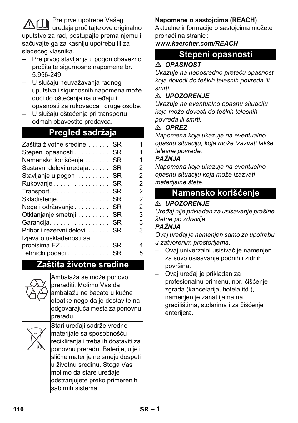Srpski, Pregled sadržaja, Zaštita životne sredine | Stepeni opasnosti, Namensko korišćenje, Stepeni opasnosti namensko korišćenje | Karcher T 10-1 eco!efficiency User Manual | Page 110 / 144