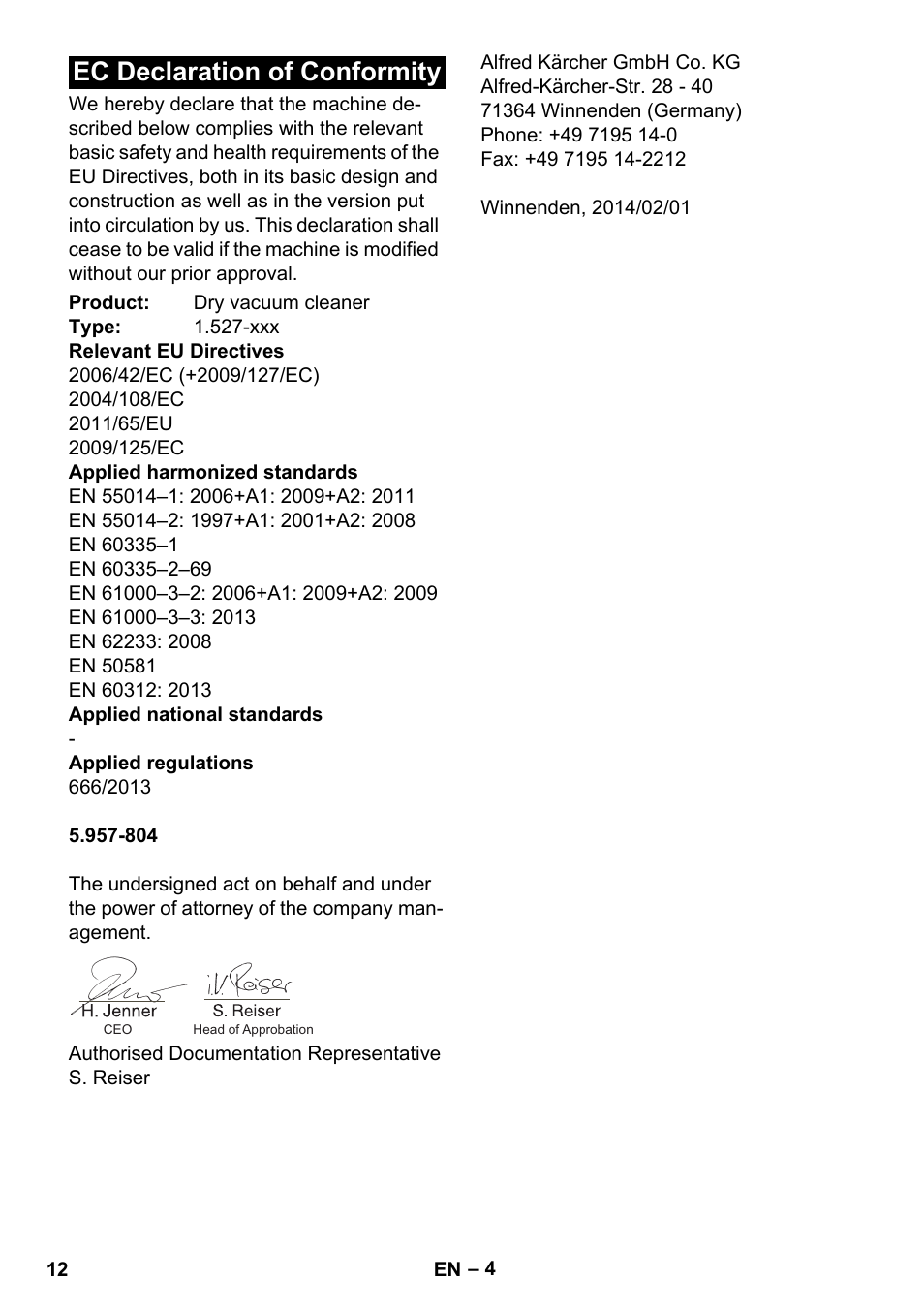 Ec declaration of conformity | Karcher T 10-1 eco!efficiency User Manual | Page 12 / 144