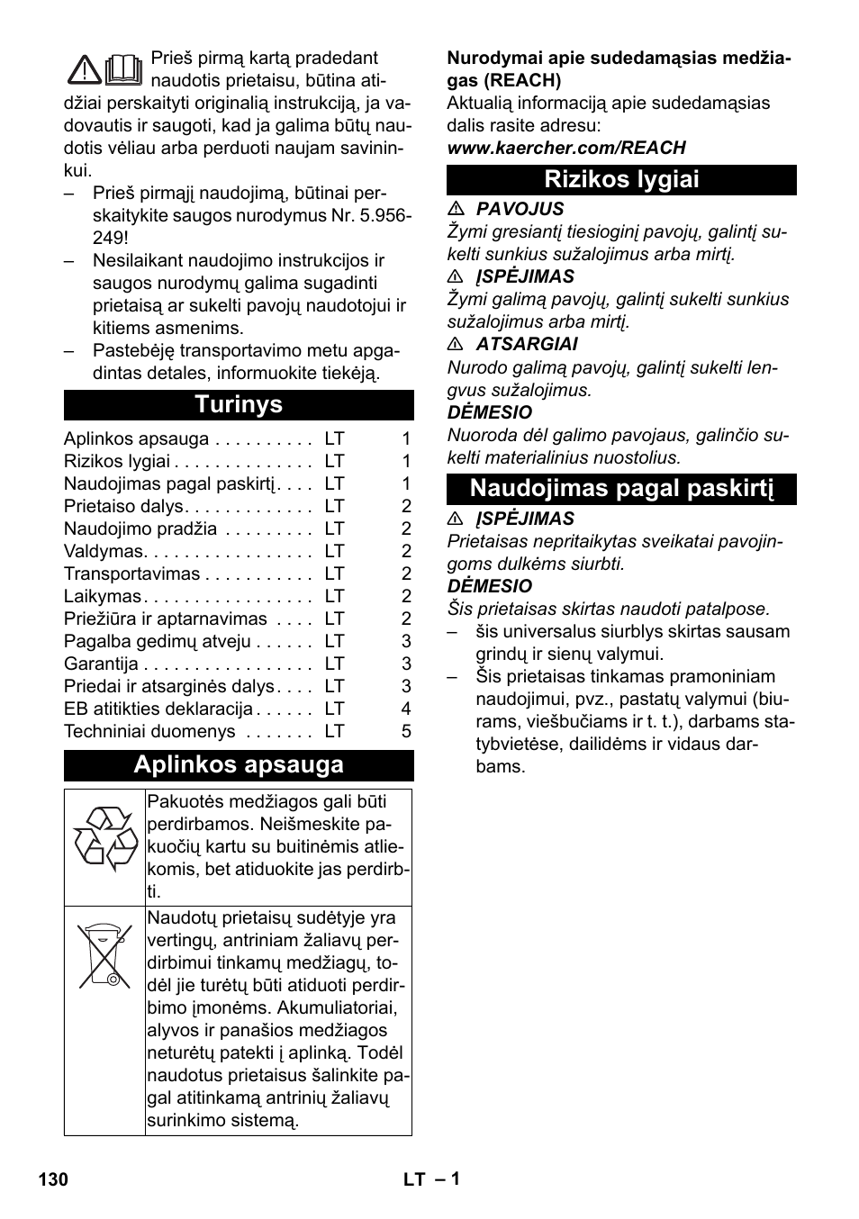 Lietuviškai, Turinys, Aplinkos apsauga | Rizikos lygiai, Naudojimas pagal paskirtį, Rizikos lygiai naudojimas pagal paskirtį | Karcher T 10-1 eco!efficiency User Manual | Page 130 / 144