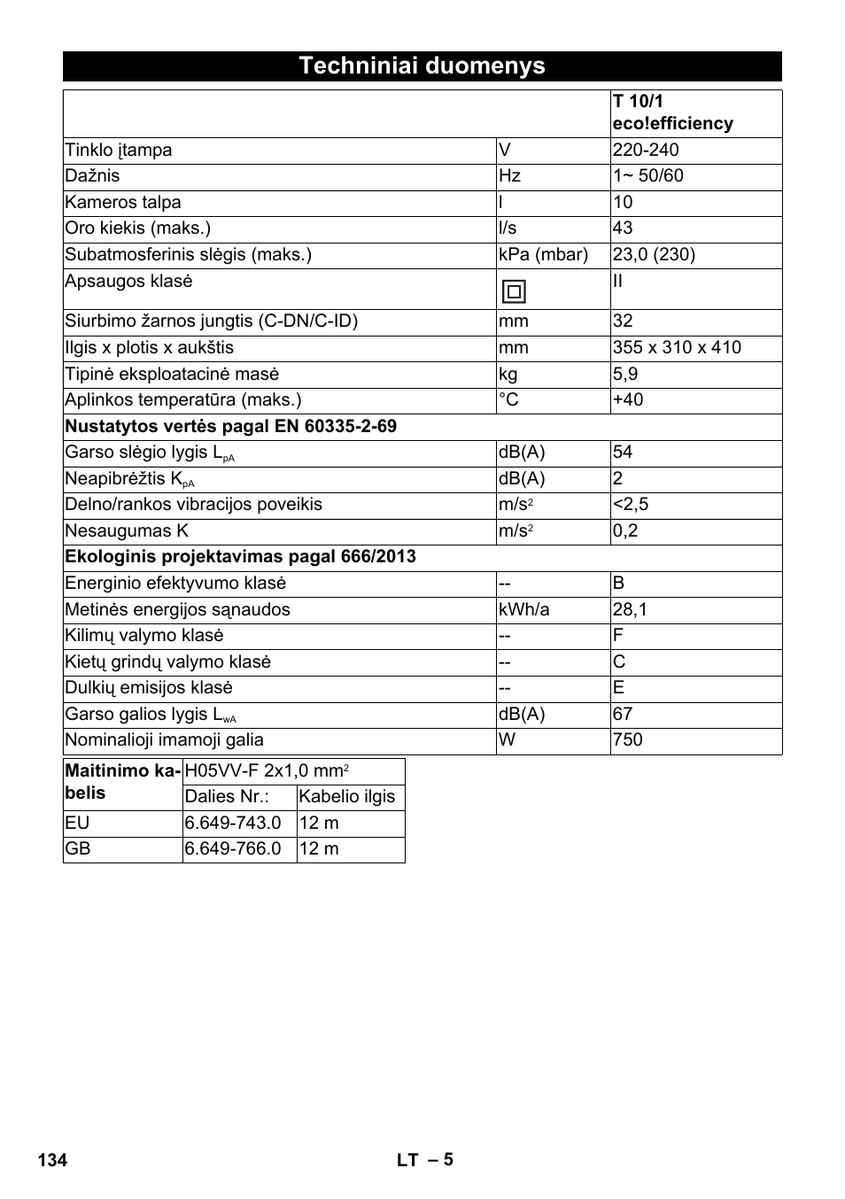 Techniniai duomenys | Karcher T 10-1 eco!efficiency User Manual | Page 134 / 144