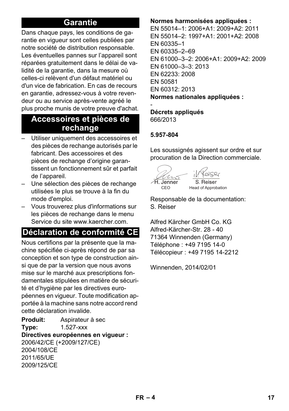 Garantie, Accessoires et pièces de rechange, Déclaration de conformité ce | Karcher T 10-1 eco!efficiency User Manual | Page 17 / 144