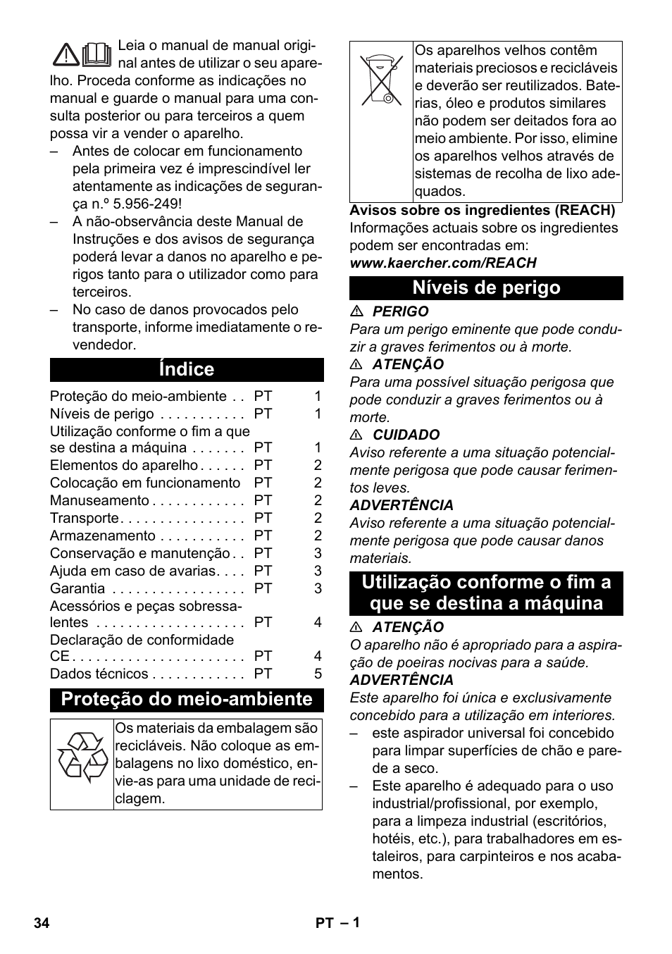 Português, Índice, Proteção do meio-ambiente | Níveis de perigo | Karcher T 10-1 eco!efficiency User Manual | Page 34 / 144