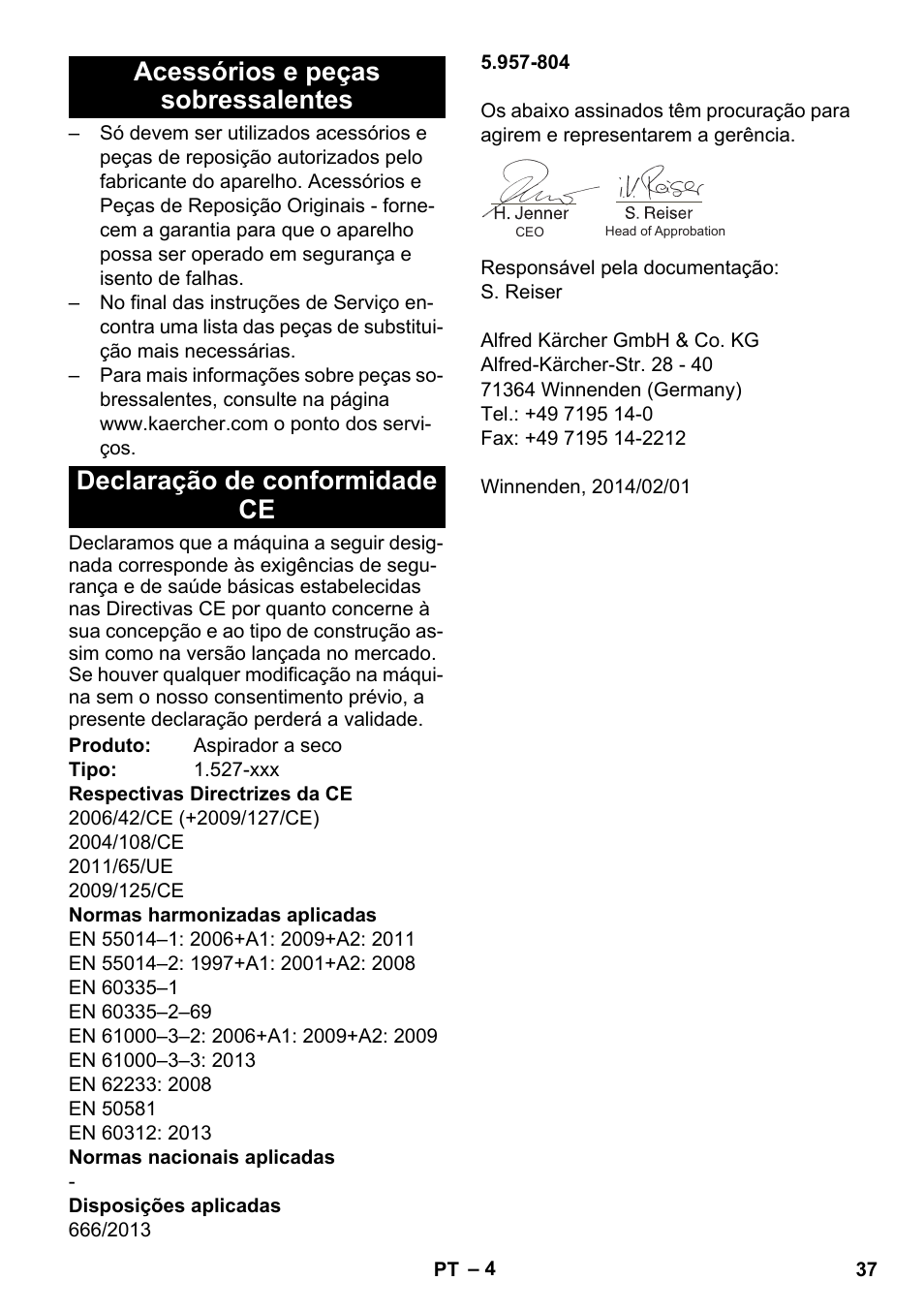 Acessórios e peças sobressalentes, Declaração de conformidade ce | Karcher T 10-1 eco!efficiency User Manual | Page 37 / 144
