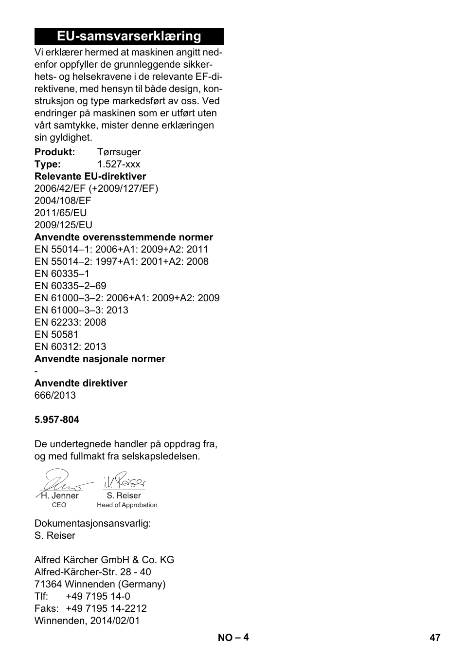 Eu-samsvarserklæring | Karcher T 10-1 eco!efficiency User Manual | Page 47 / 144