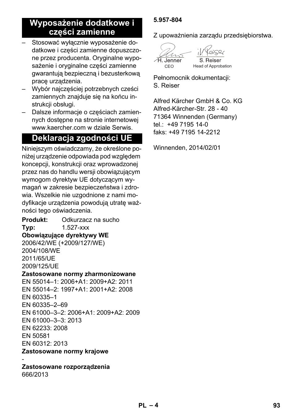 Wyposażenie dodatkowe i części zamienne, Deklaracja zgodności ue | Karcher T 10-1 eco!efficiency User Manual | Page 93 / 144