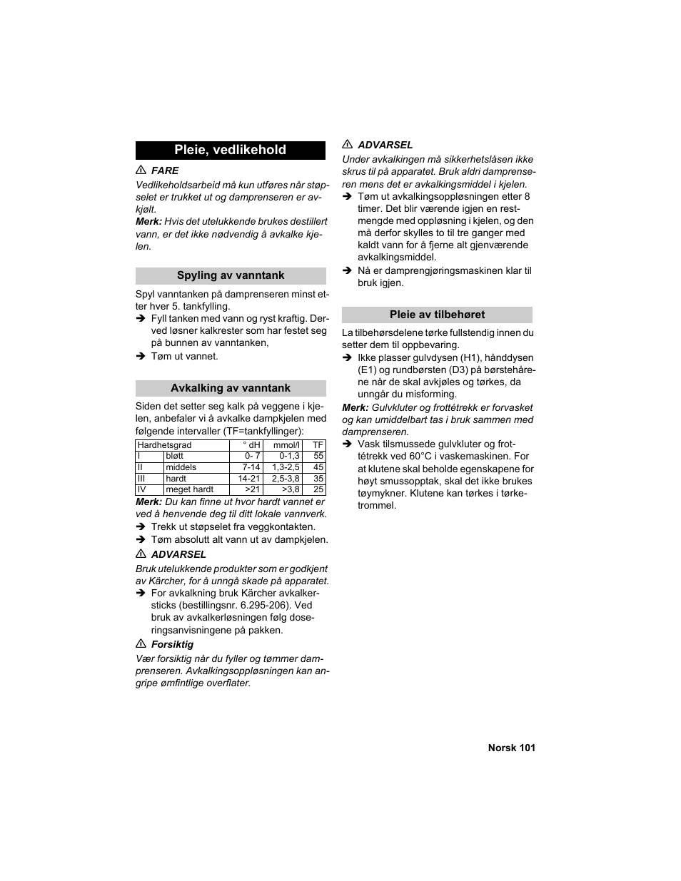Pleie, vedlikehold | Karcher HDC advanced User Manual | Page 101 / 302