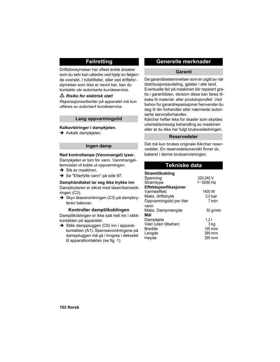 Feilretting, Generelle merknader, Tekniske data | Karcher HDC advanced User Manual | Page 102 / 302
