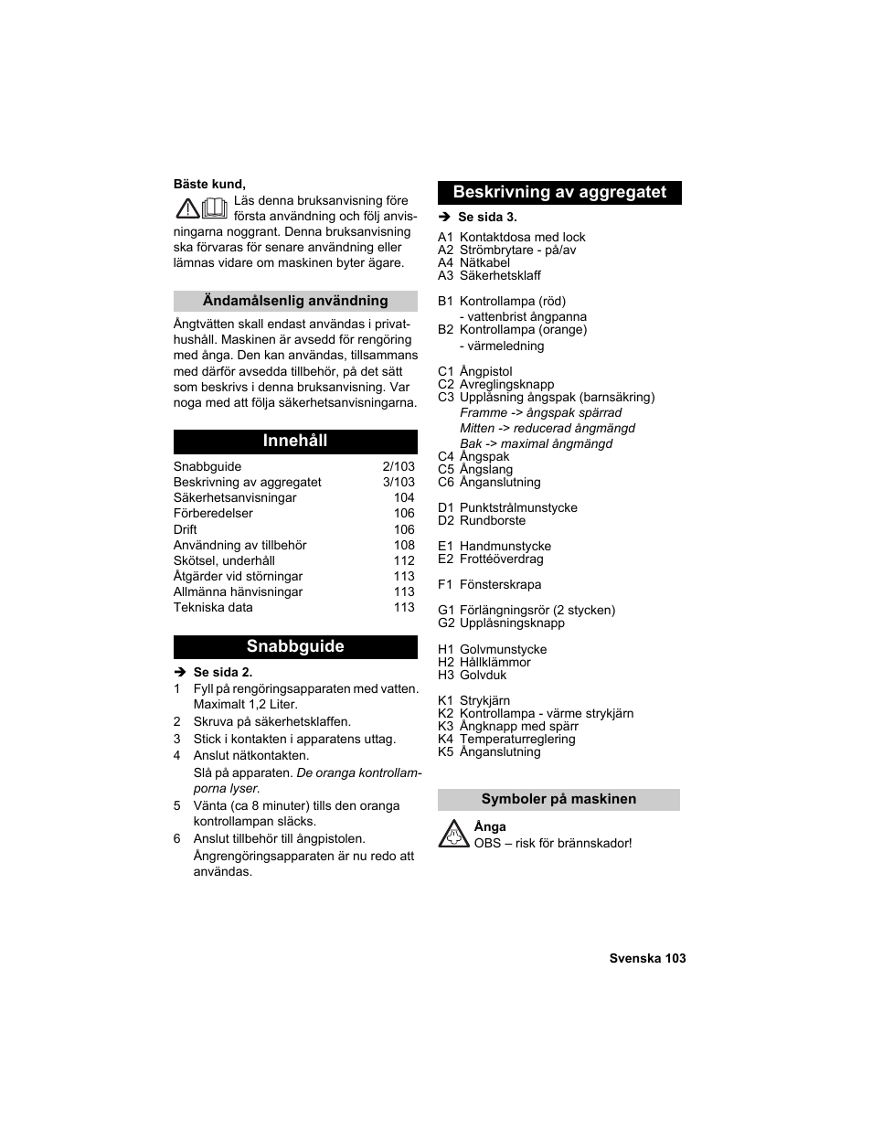 Innehåll snabbguide beskrivning av aggregatet | Karcher HDC advanced User Manual | Page 103 / 302