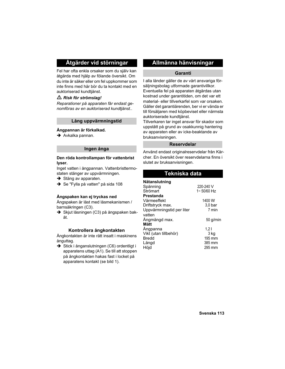 Åtgärder vid störningar, Allmänna hänvisningar, Tekniska data | Karcher HDC advanced User Manual | Page 113 / 302