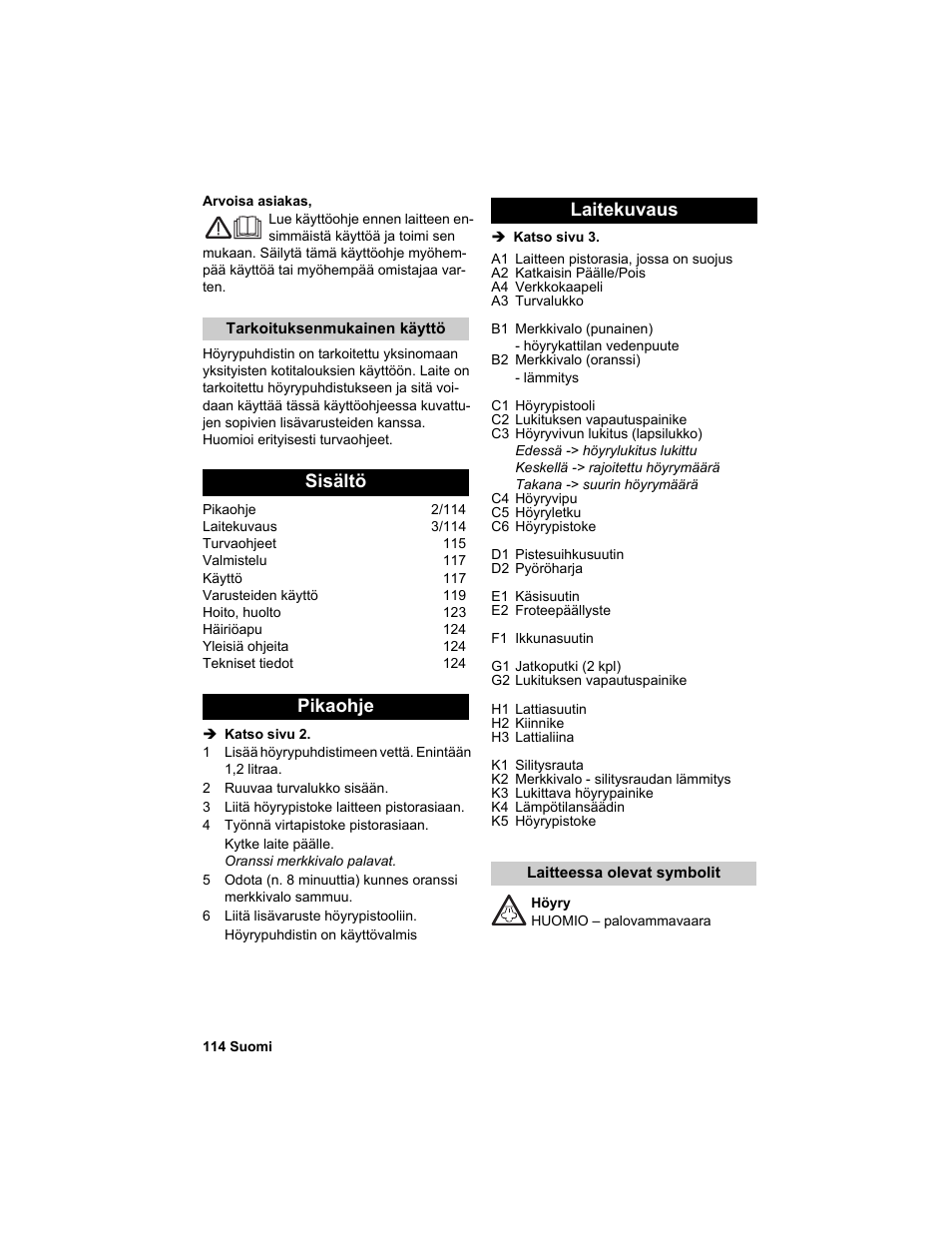 Sisältö pikaohje laitekuvaus | Karcher HDC advanced User Manual | Page 114 / 302