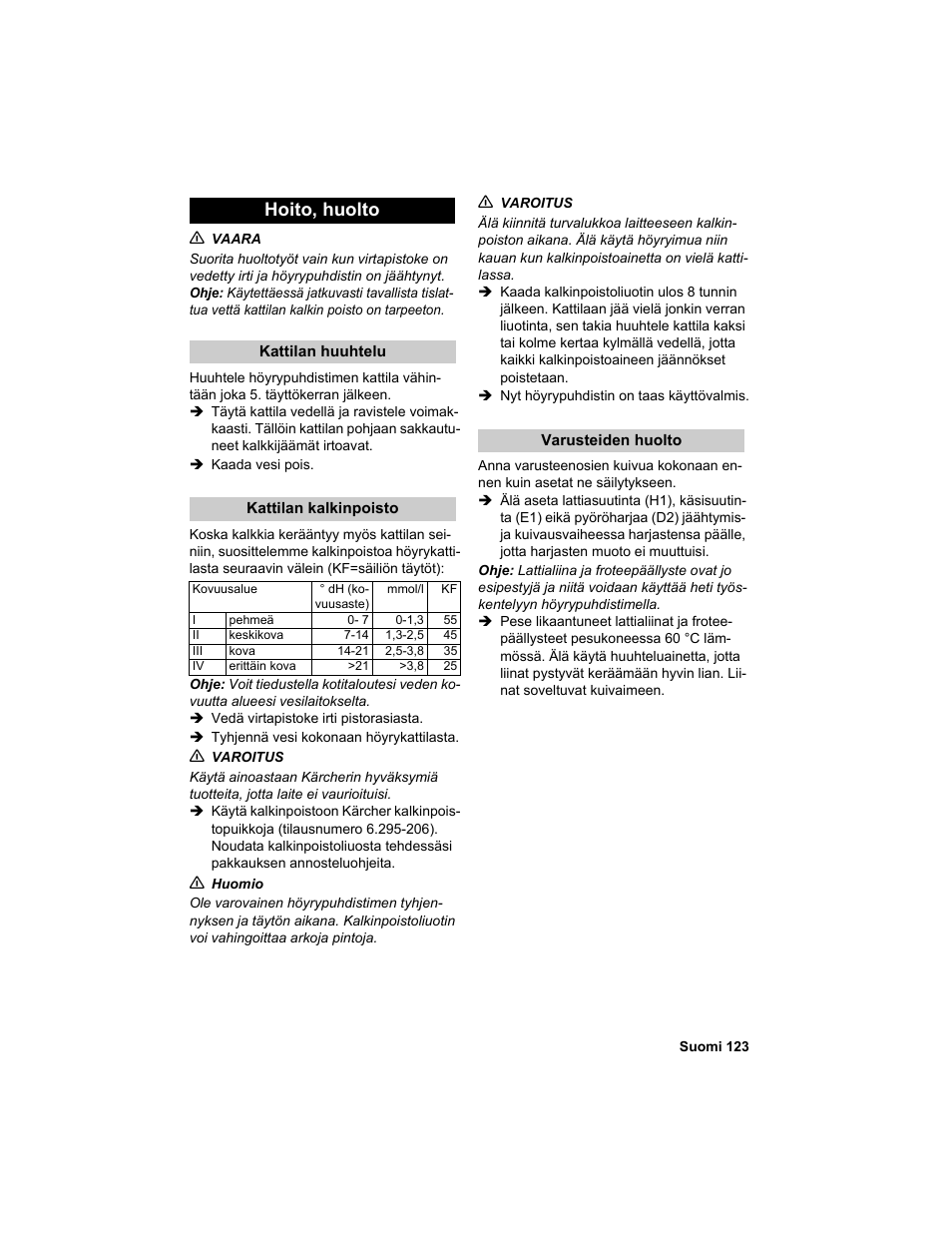 Hoito, huolto | Karcher HDC advanced User Manual | Page 123 / 302