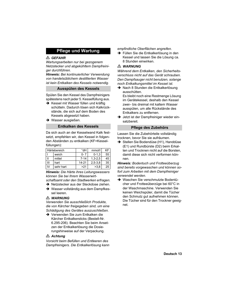 Pflege und wartung | Karcher HDC advanced User Manual | Page 13 / 302