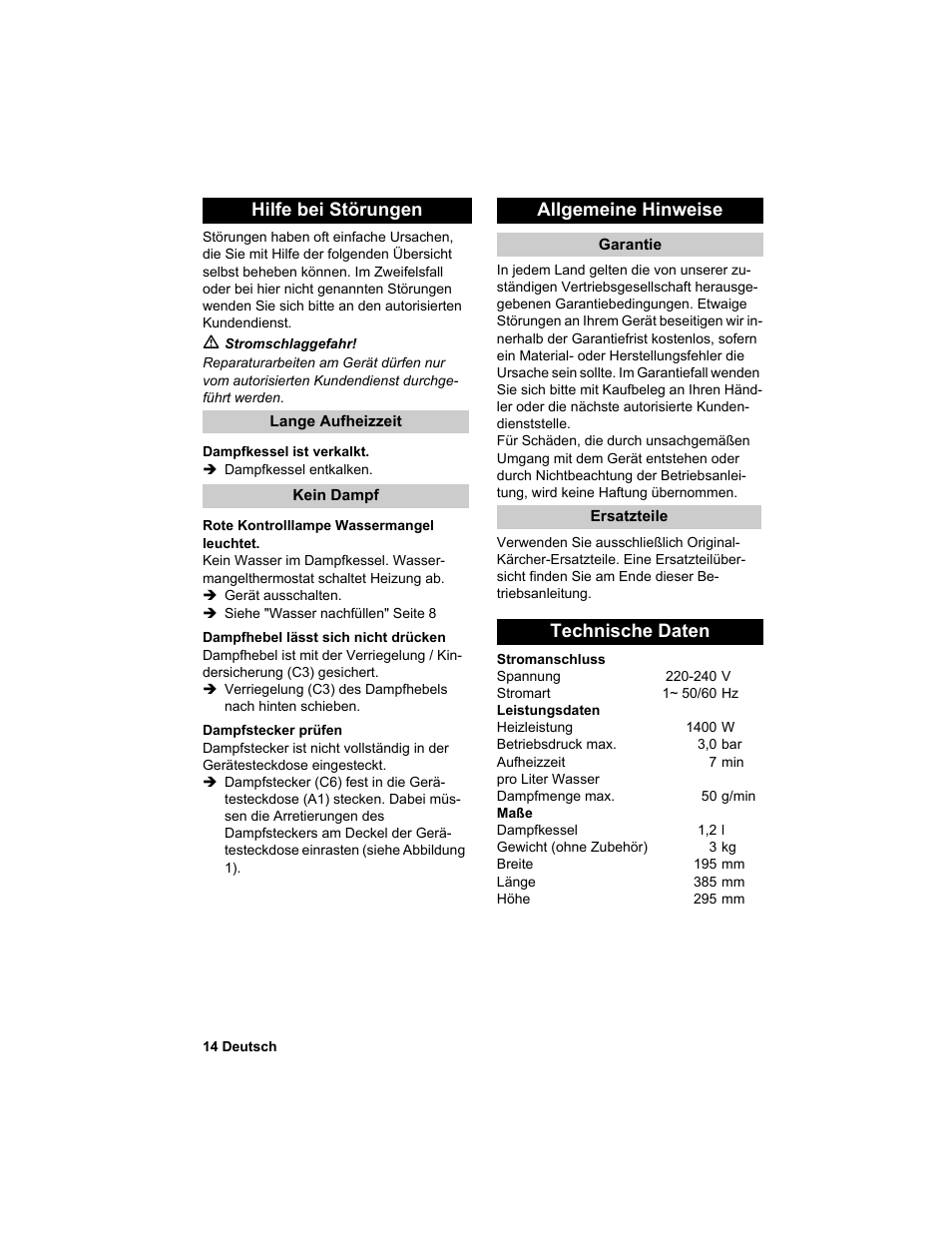 Hilfe bei störungen, Allgemeine hinweise, Technische daten | Karcher HDC advanced User Manual | Page 14 / 302