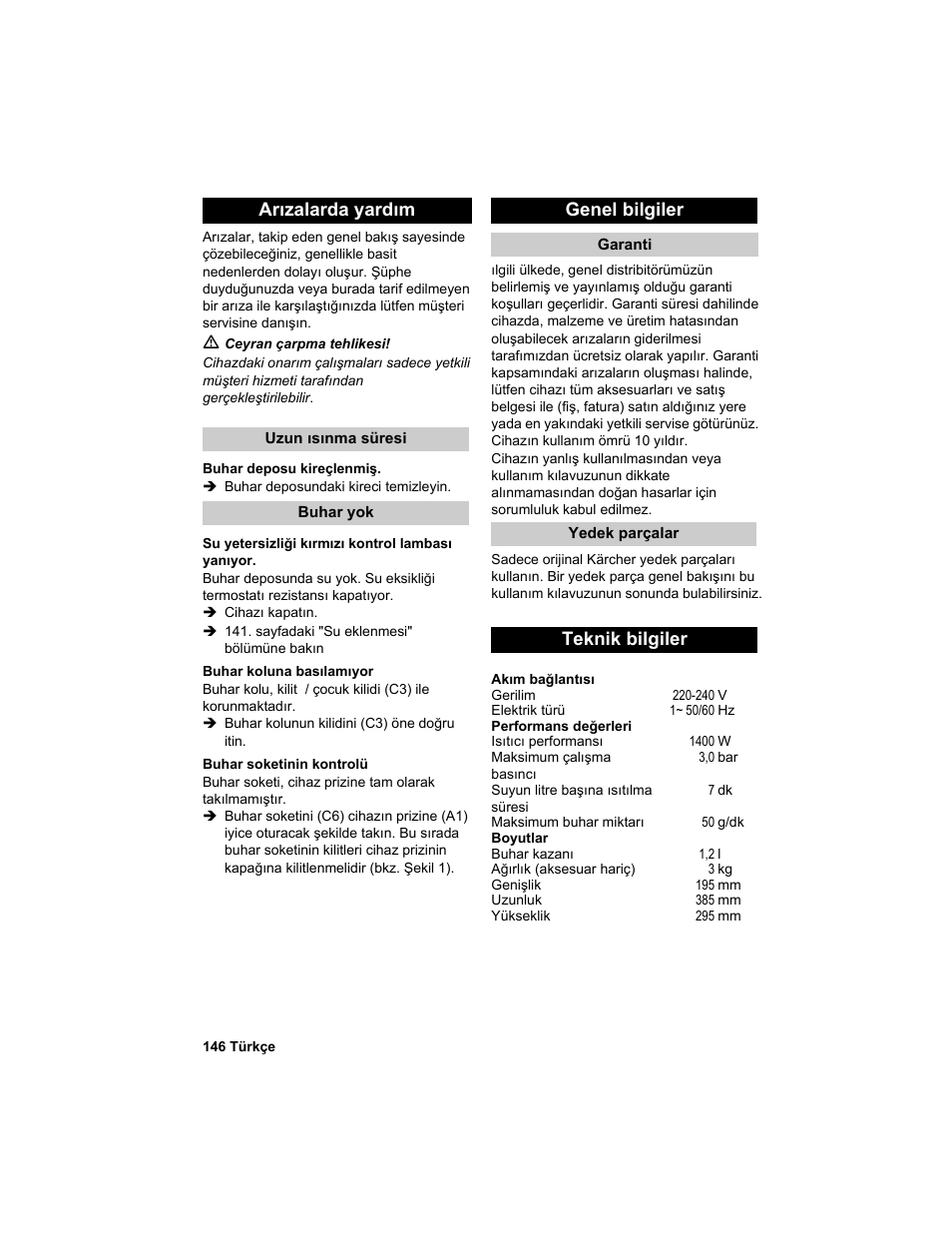 Arızalarda yardım, Genel bilgiler, Teknik bilgiler | Karcher HDC advanced User Manual | Page 146 / 302