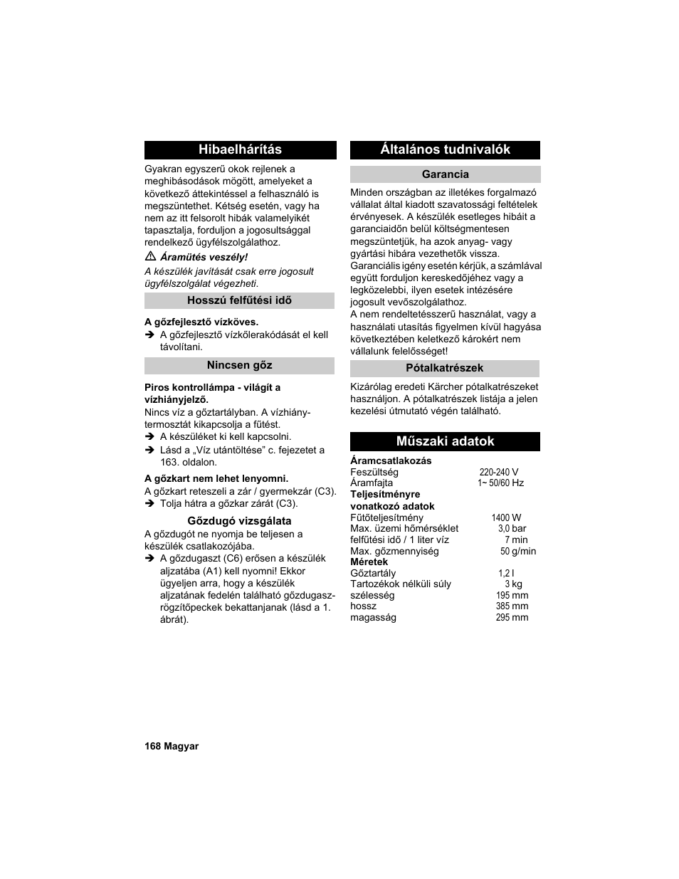 Hibaelhárítás, Általános tudnivalók, Műszaki adatok | Karcher HDC advanced User Manual | Page 168 / 302