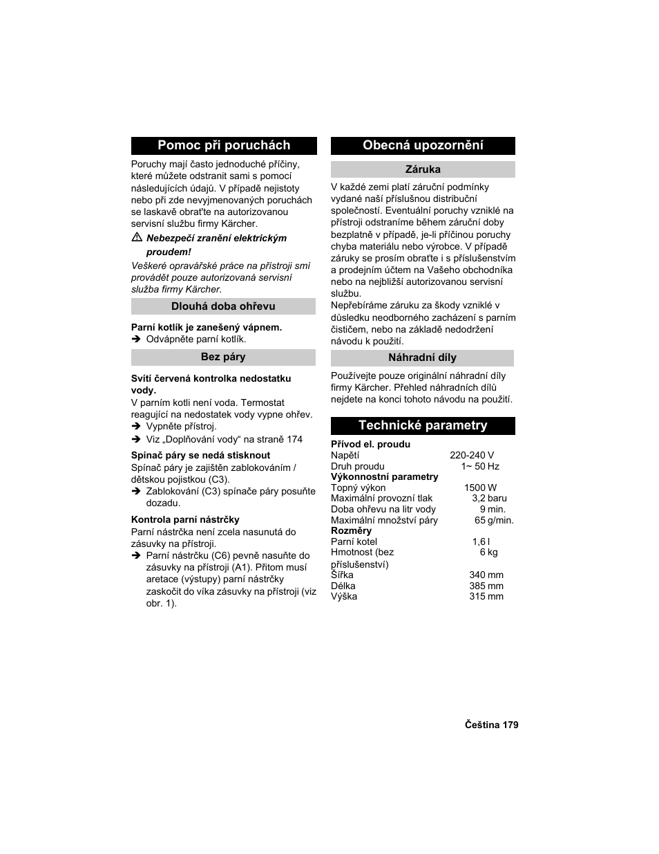 Pomoc při poruchách, Obecná upozornění, Technické parametry | Karcher HDC advanced User Manual | Page 179 / 302