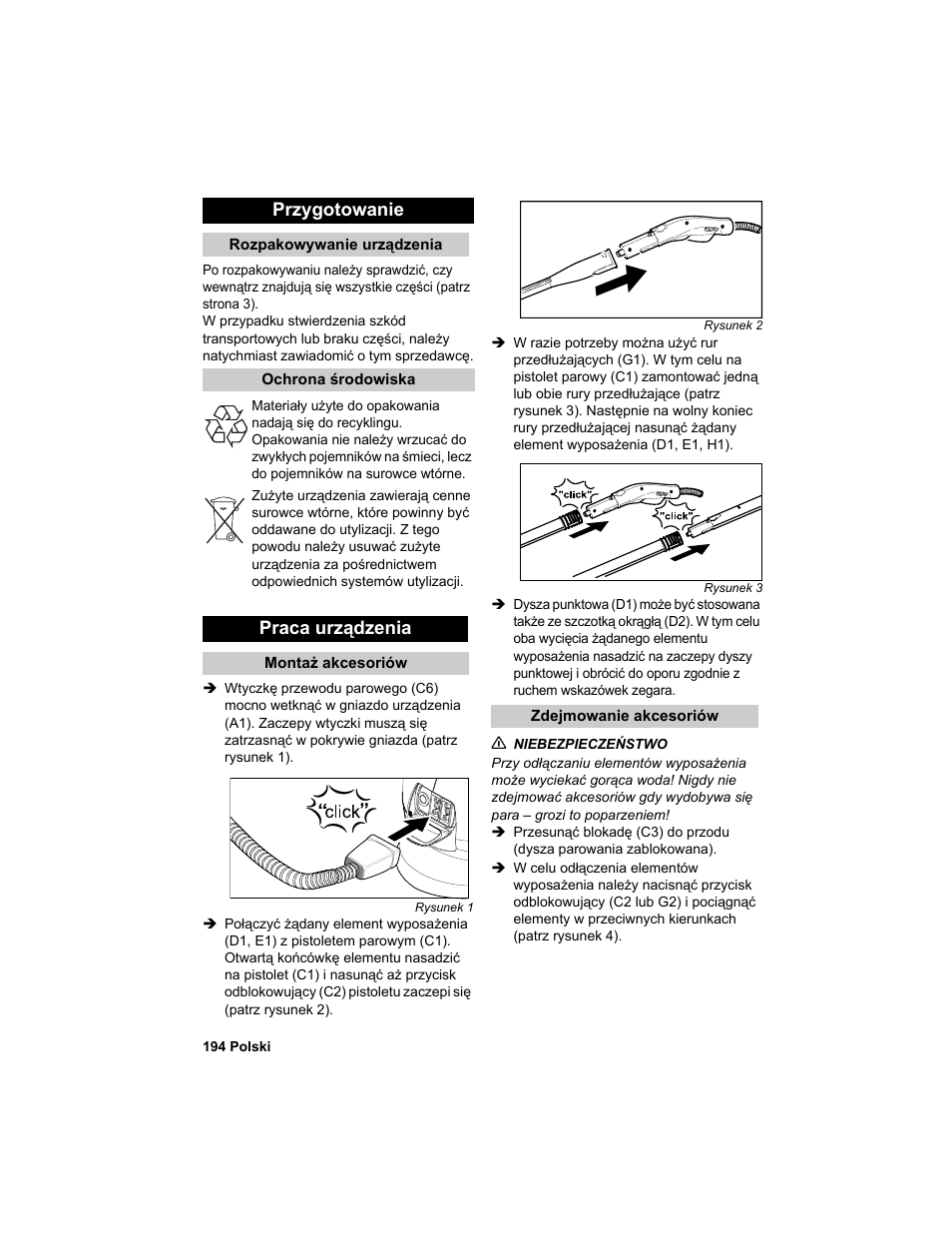 Przygotowanie, Praca urządzenia | Karcher HDC advanced User Manual | Page 194 / 302