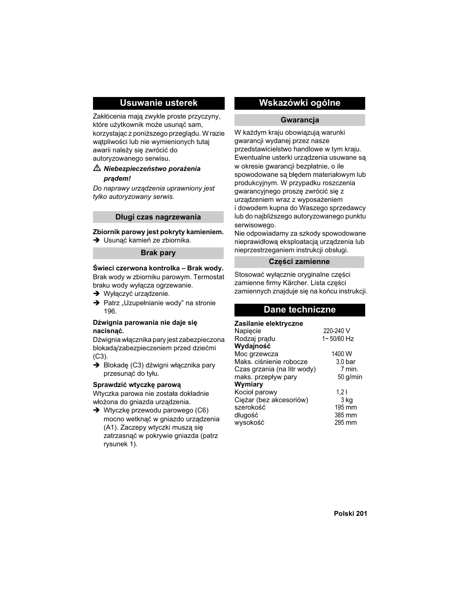 Usuwanie usterek, Wskazówki ogólne, Dane techniczne | Karcher HDC advanced User Manual | Page 201 / 302