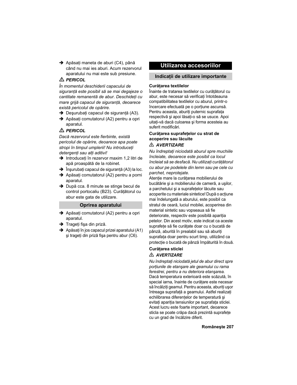 Utilizarea accesoriilor | Karcher HDC advanced User Manual | Page 207 / 302