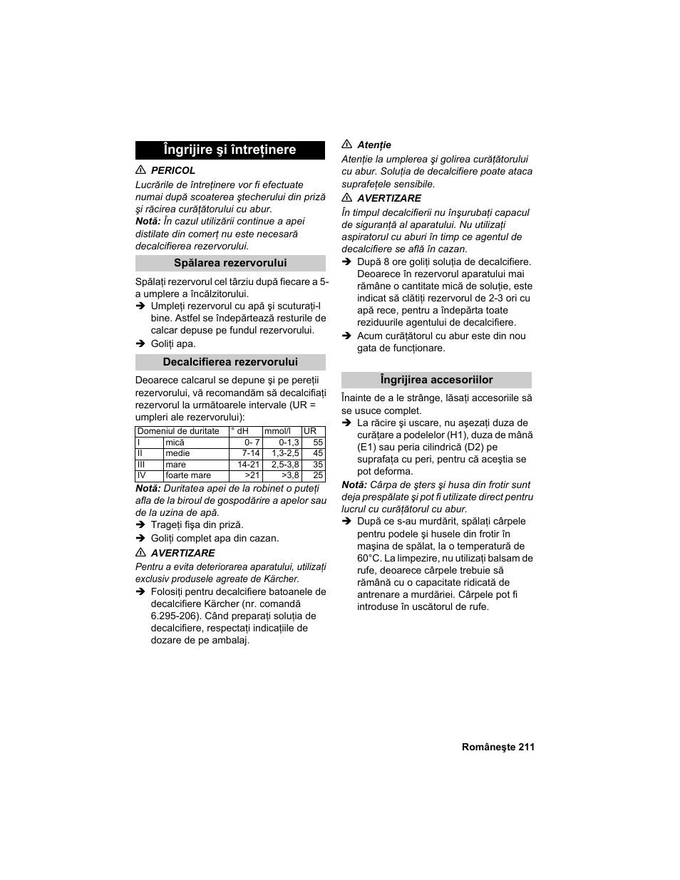 Îngrijire şi întreţinere | Karcher HDC advanced User Manual | Page 211 / 302