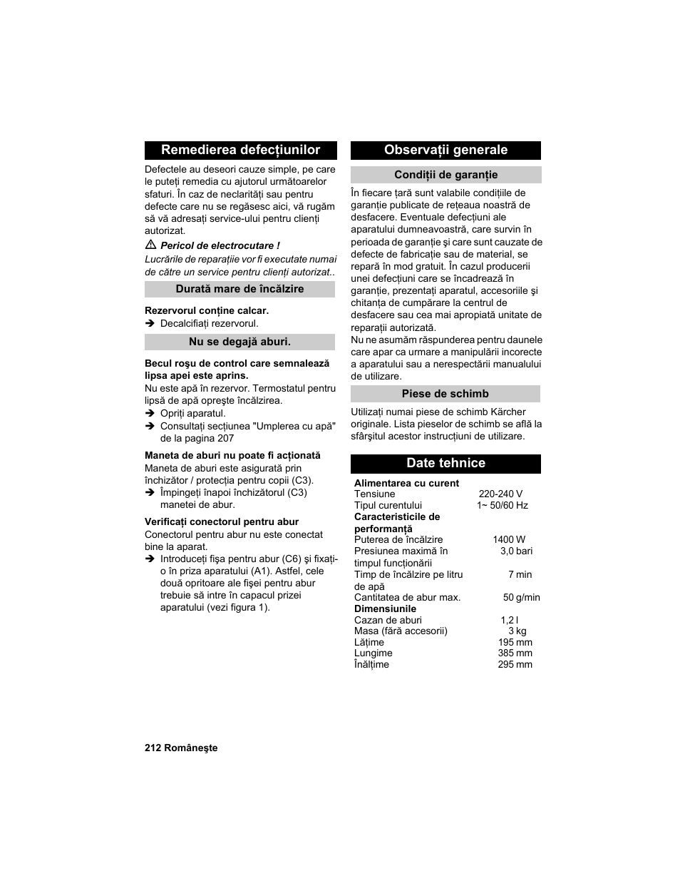 Remedierea defecţiunilor, Observaţii generale, Date tehnice | Karcher HDC advanced User Manual | Page 212 / 302