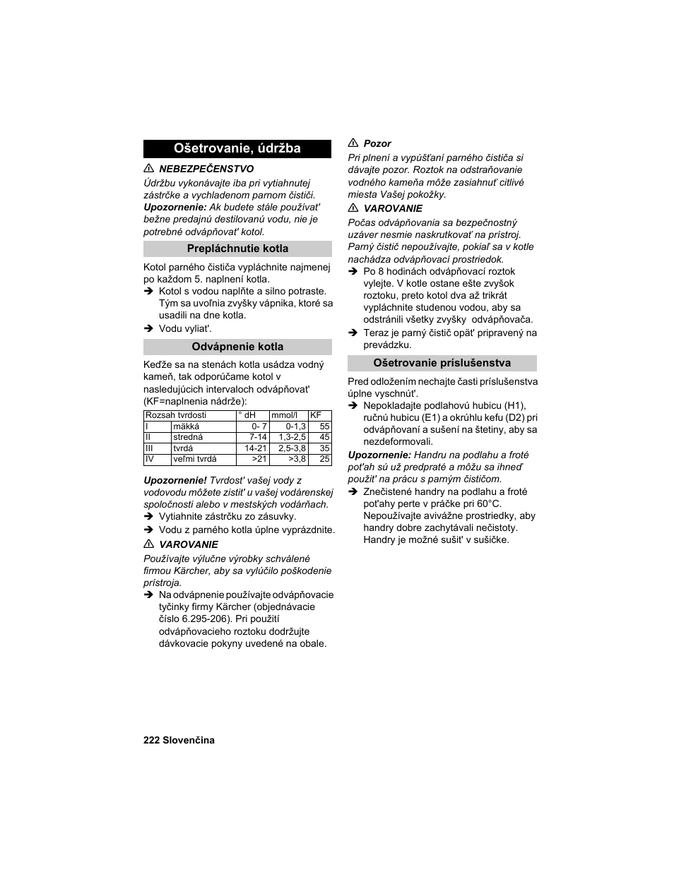 Ošetrovanie, údržba | Karcher HDC advanced User Manual | Page 222 / 302